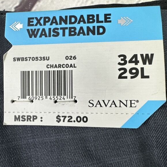 Savane Mens Stretch Crosshatch‎ Charcoal 34W / 29L Pleated Pants NWT - Picture 7 of 8